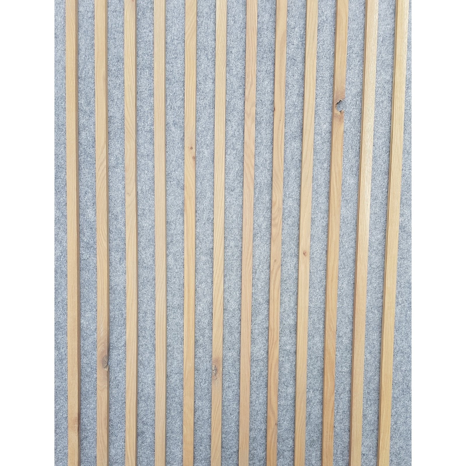 Acoustic slat wall panel made with white oak and light grey acoustic board