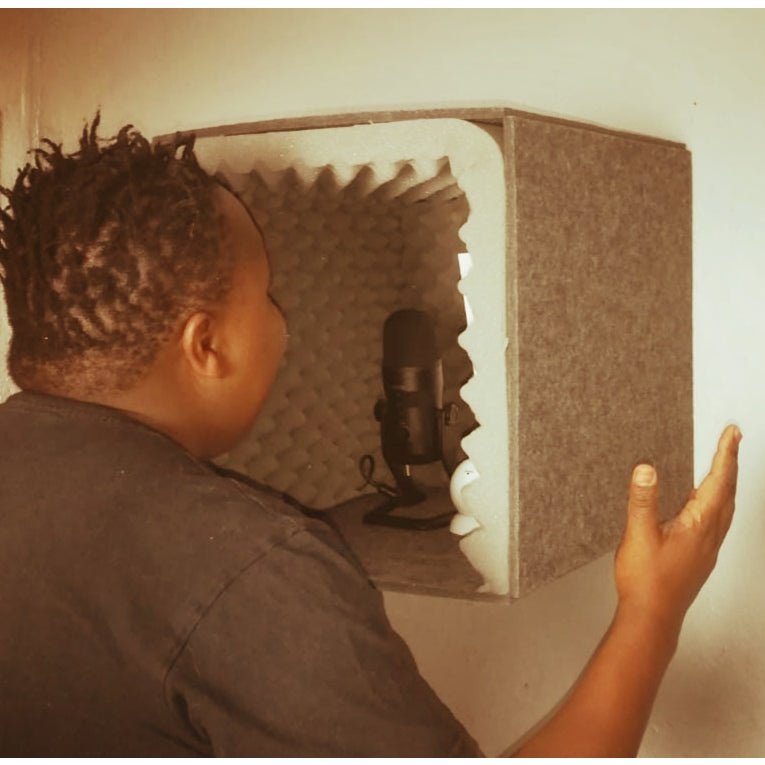 Acoustic vocal audio recording and isolation booth used by voice over artists